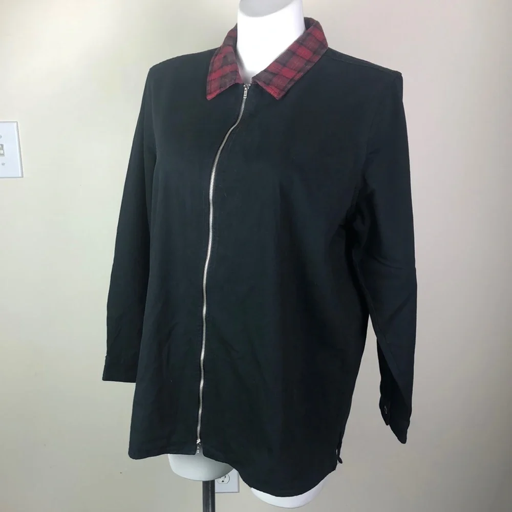 Vintage Zipper Front Light Jacket Black Denim Plaid Collar